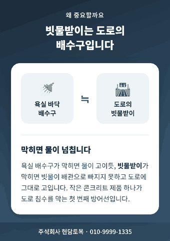 빗물받이가 도로의 배수구 역할을 하는 원리를 설명하는 인포그래픽