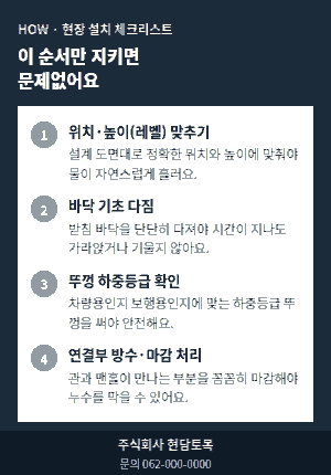 콘크리트 맨홀 현장 설치 체크리스트 - 위치와 높이 맞추기, 기초 다짐, 및 연결부 방수 단계를 보여주는 카드 이미지
