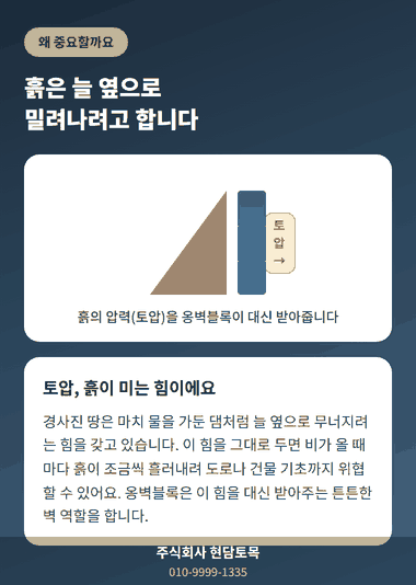 콘크리트 옹벽블록이 흙의 압력(토압)을 막아주는 원리를 보여주는 그림