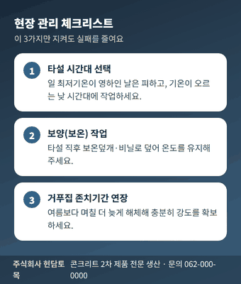 겨울철 콘크리트 타설 현장 관리 체크리스트 - 타설 시간대, 보양 작업, 거푸집 존치기간