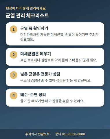콘크리트 균열 관리 체크리스트, 균열 폭 확인부터 보수와 배수 관리까지 현장 점검 단계를 정리한 이미지