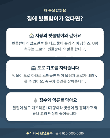 U형 측구 시공이 중요한 이유, 도로 배수와 침수 예방 설명 이미지